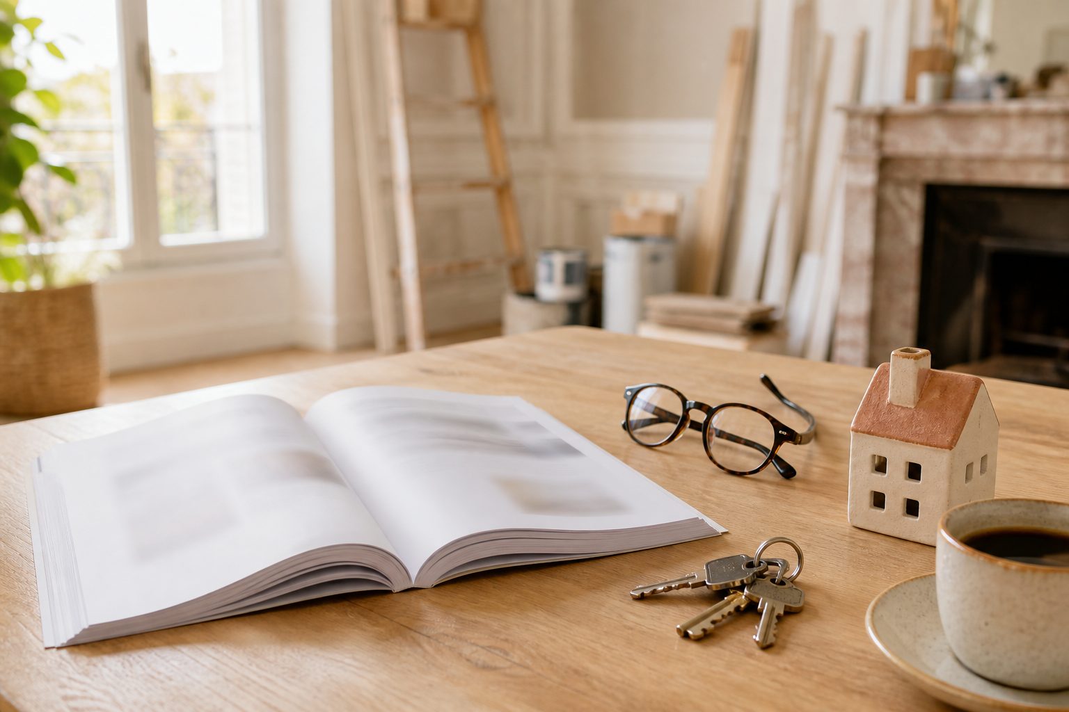 Conditions générales d'un contrat d'assurance habitation posées sur une table avec des lunettes et un trousseau de clés