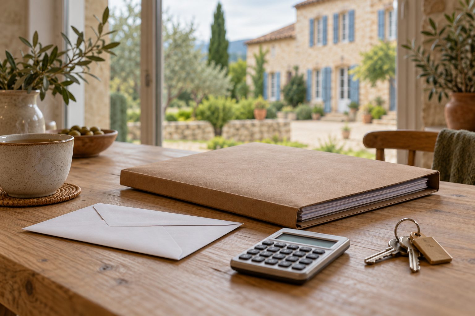Dossier d'achat immobilier fermé, enveloppe et clés de maison posés sur une table de cuisine, dans l'attente de la réponse de la banque