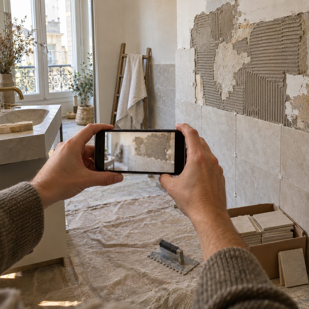 Mains photographiant au smartphone un mur de salle de bains à moitié carrelé laissé en l'état