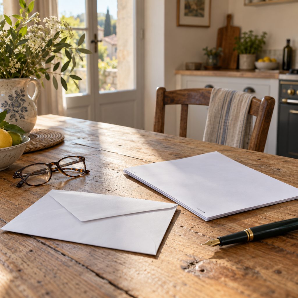 Enveloppe prête à partir en recommandé posée sur une table à côté d'un devis et d'un stylo