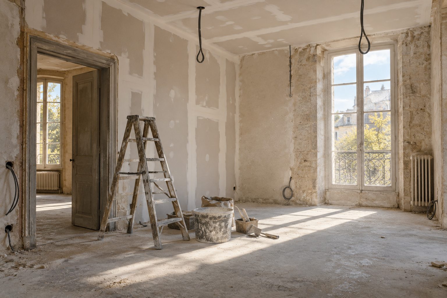 Pièce en rénovation laissée à l'abandon avec un mur à moitié enduit, un escabeau et des seaux de plâtre sur une dalle brute