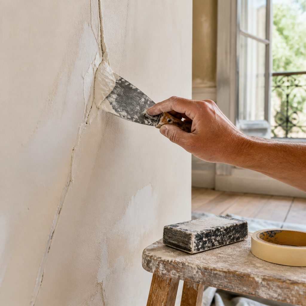 Rebouchage d'une fissure sur un mur avant mise en peinture