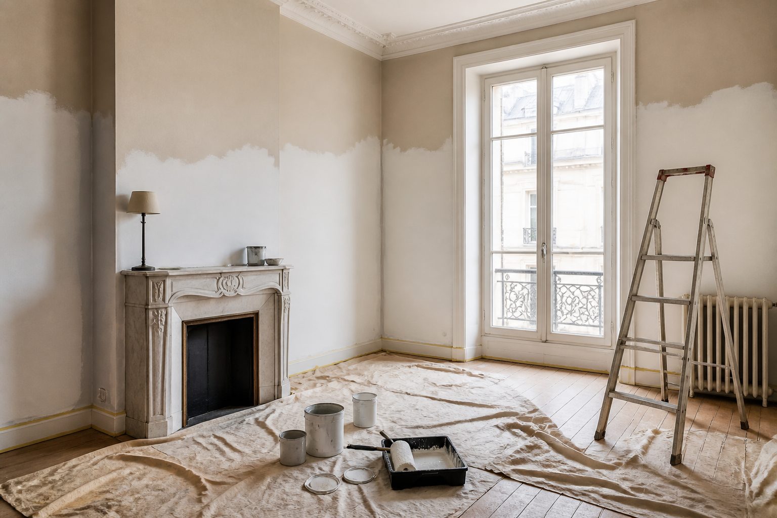 Salon d'une maison française en cours de mise en peinture, murs protégés et pots de peinture au sol