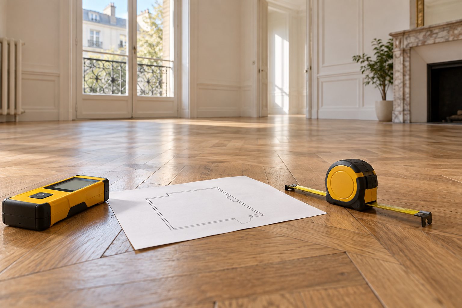 Télémètre laser et mètre ruban posés sur le parquet d'un appartement vide et lumineux