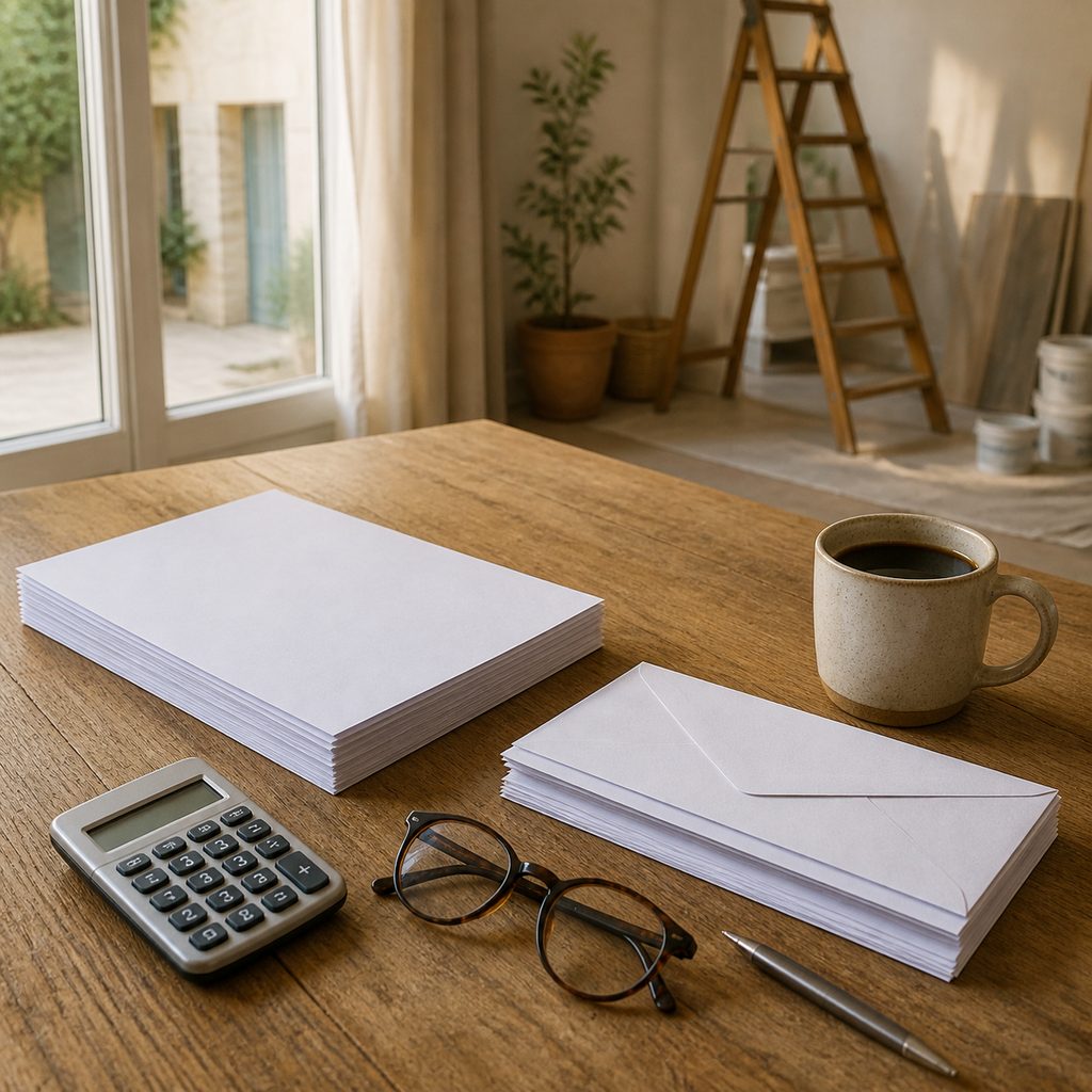 Dossier de factures et papiers préparés sur une table pour une demande d'exonération de taxe foncière