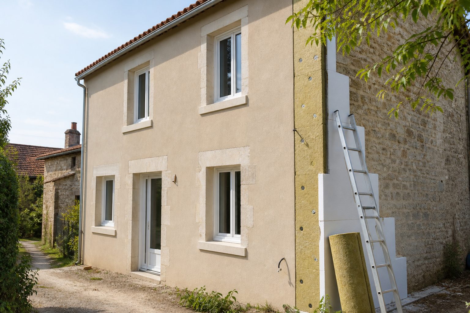 Maison de village française rénovée avec des fenêtres neuves et une isolation extérieure en cours de finition