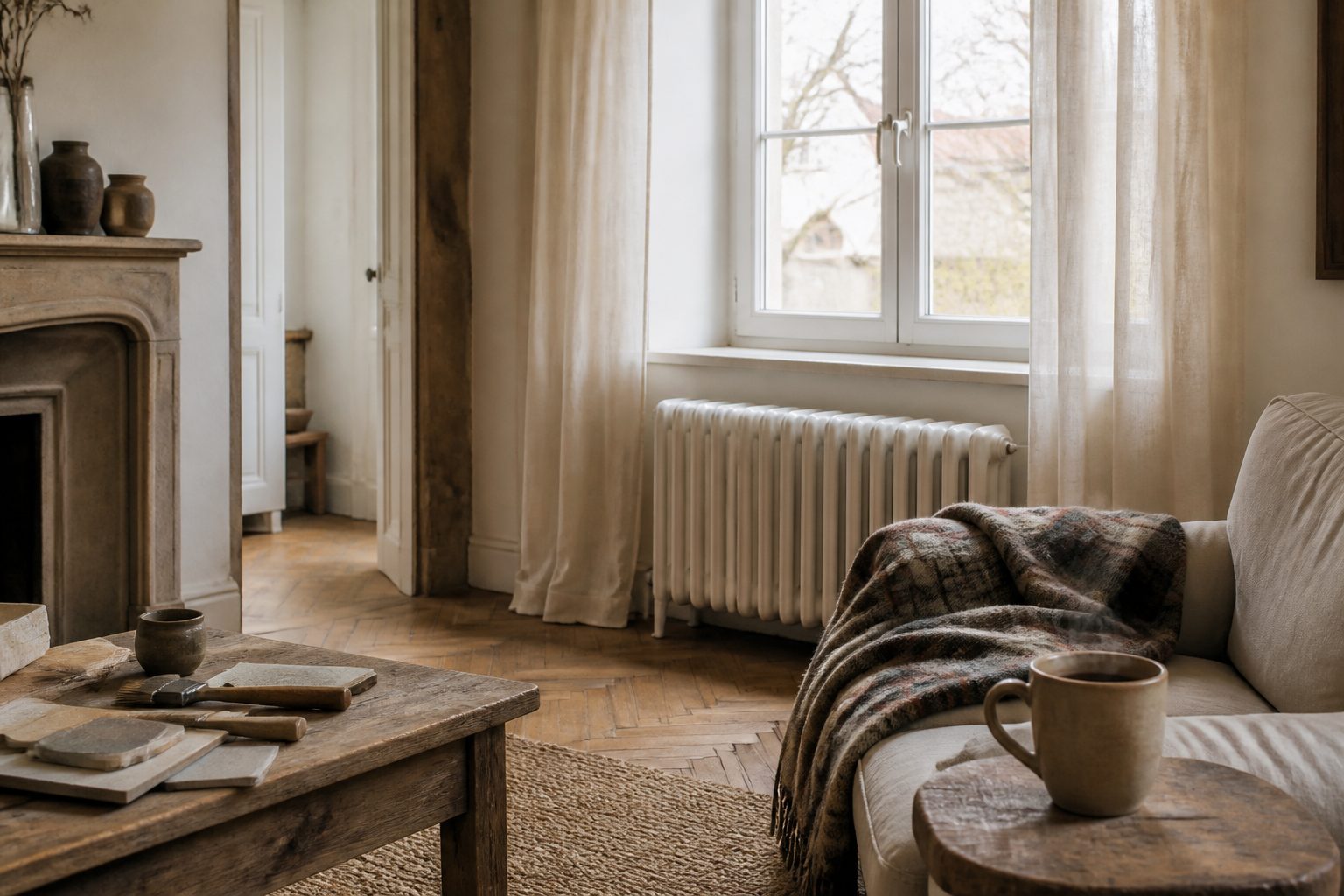 Salon lumineux d'une maison française avec un radiateur sous la fenêtre en hiver