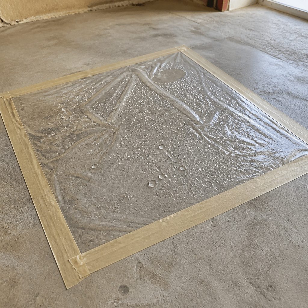Test du film plastique scotché sur une dalle béton pour vérifier l'humidité résiduelle