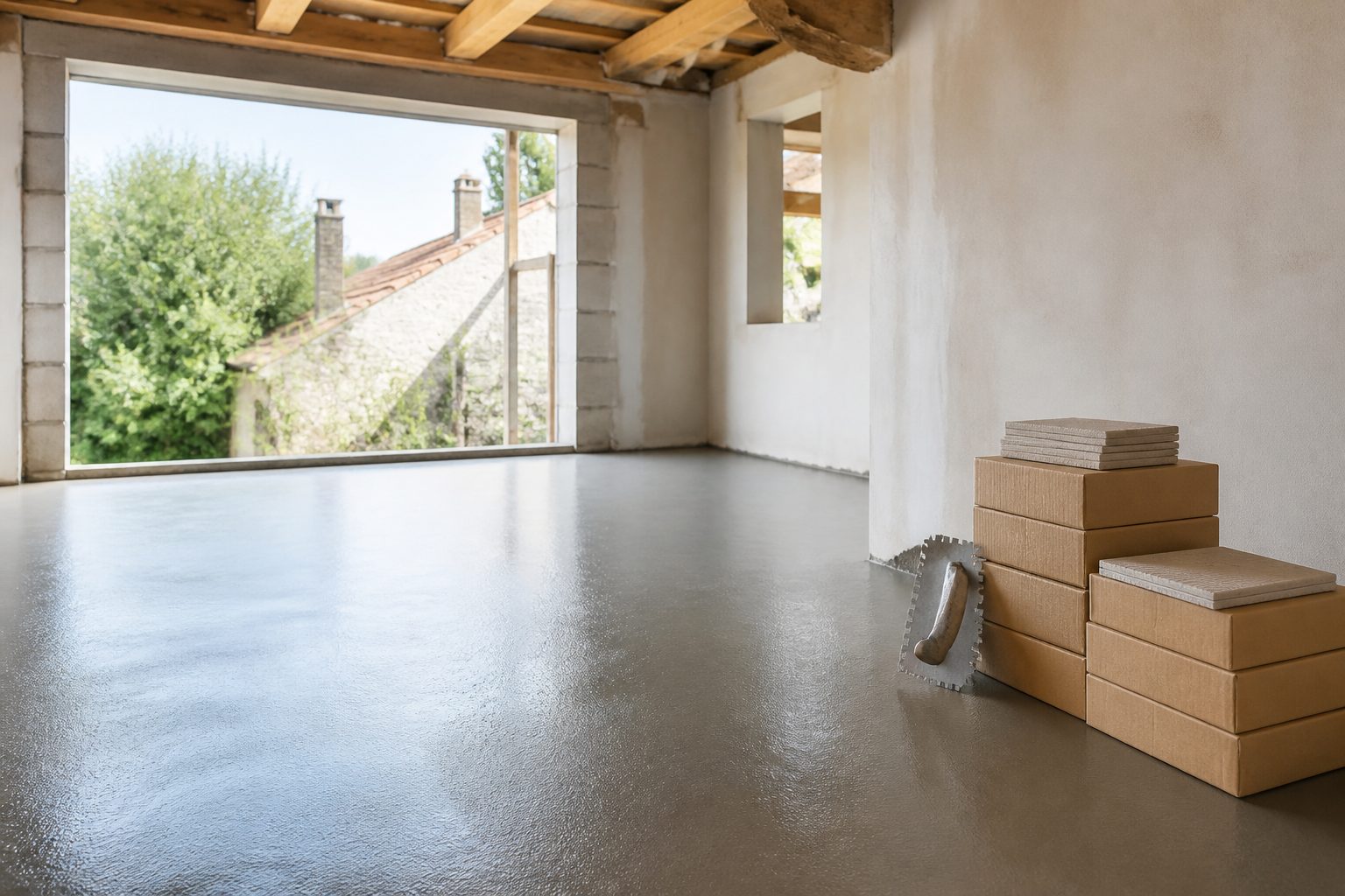 Dalle béton fraîchement coulée dans une pièce en rénovation, cartons de carrelage en attente