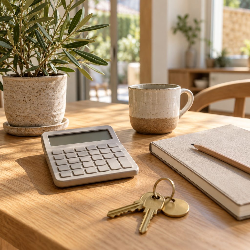 Calculatrice, clés de maison et carnet de calcul posés sur une table en bois