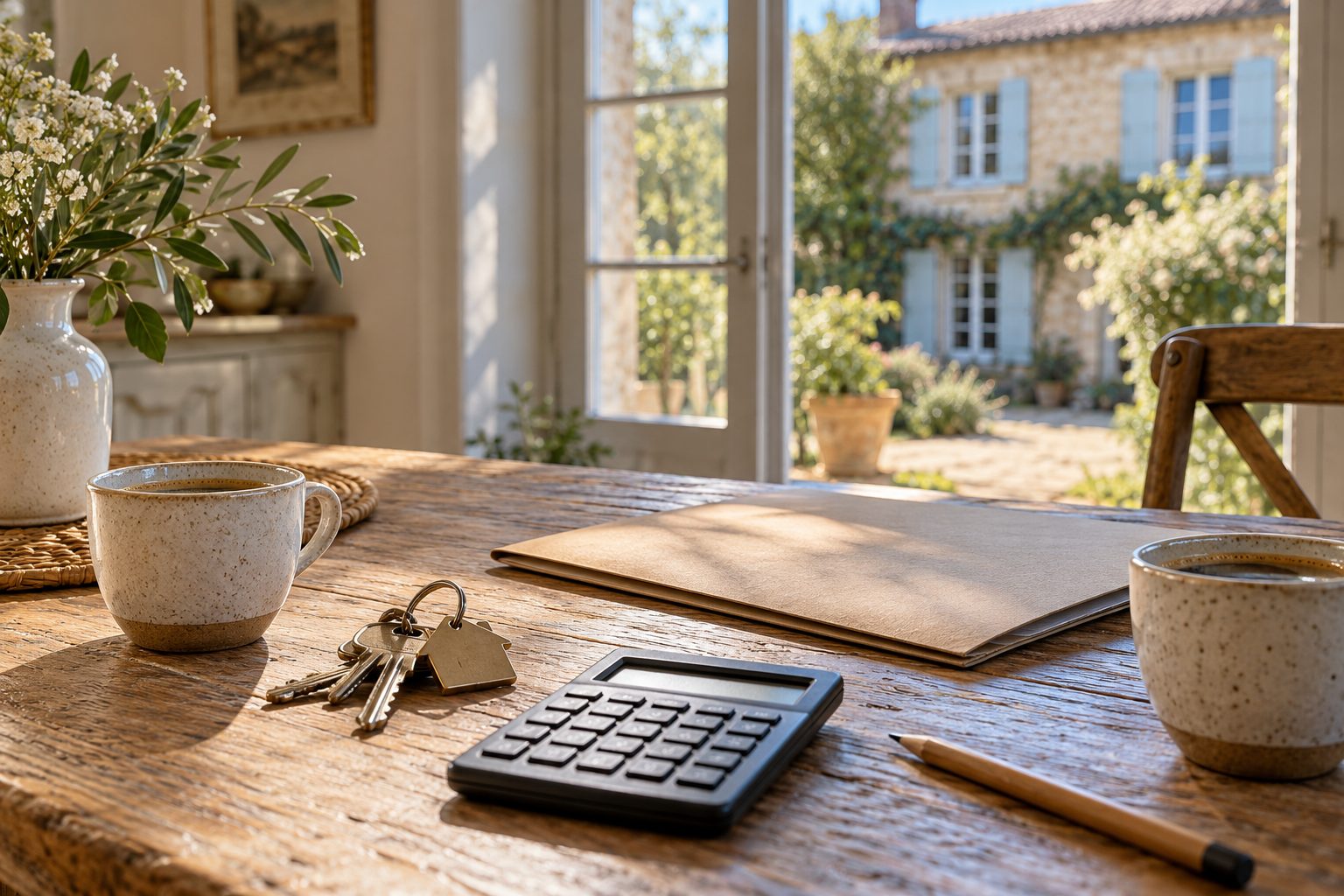 Table de cuisine avec trousseau de clés, calculatrice et dossier de vente, maison en pierre visible par la fenêtre
