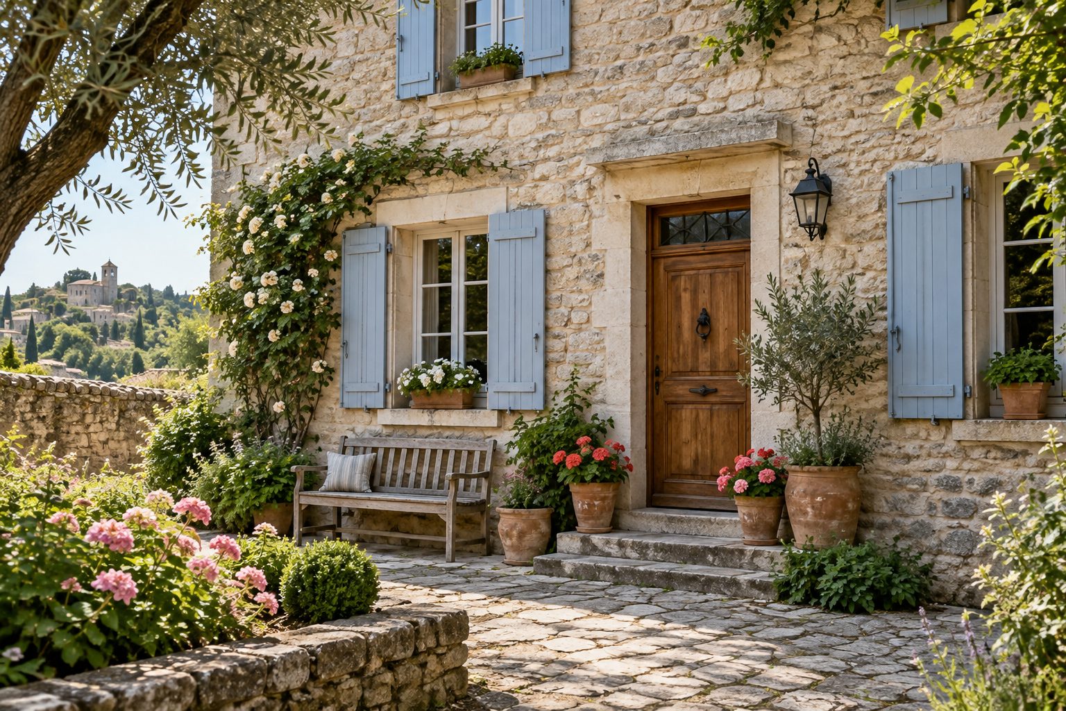 Maison de ville française ancienne avec un jardin fleuri, typique d'un bien vendu en viager