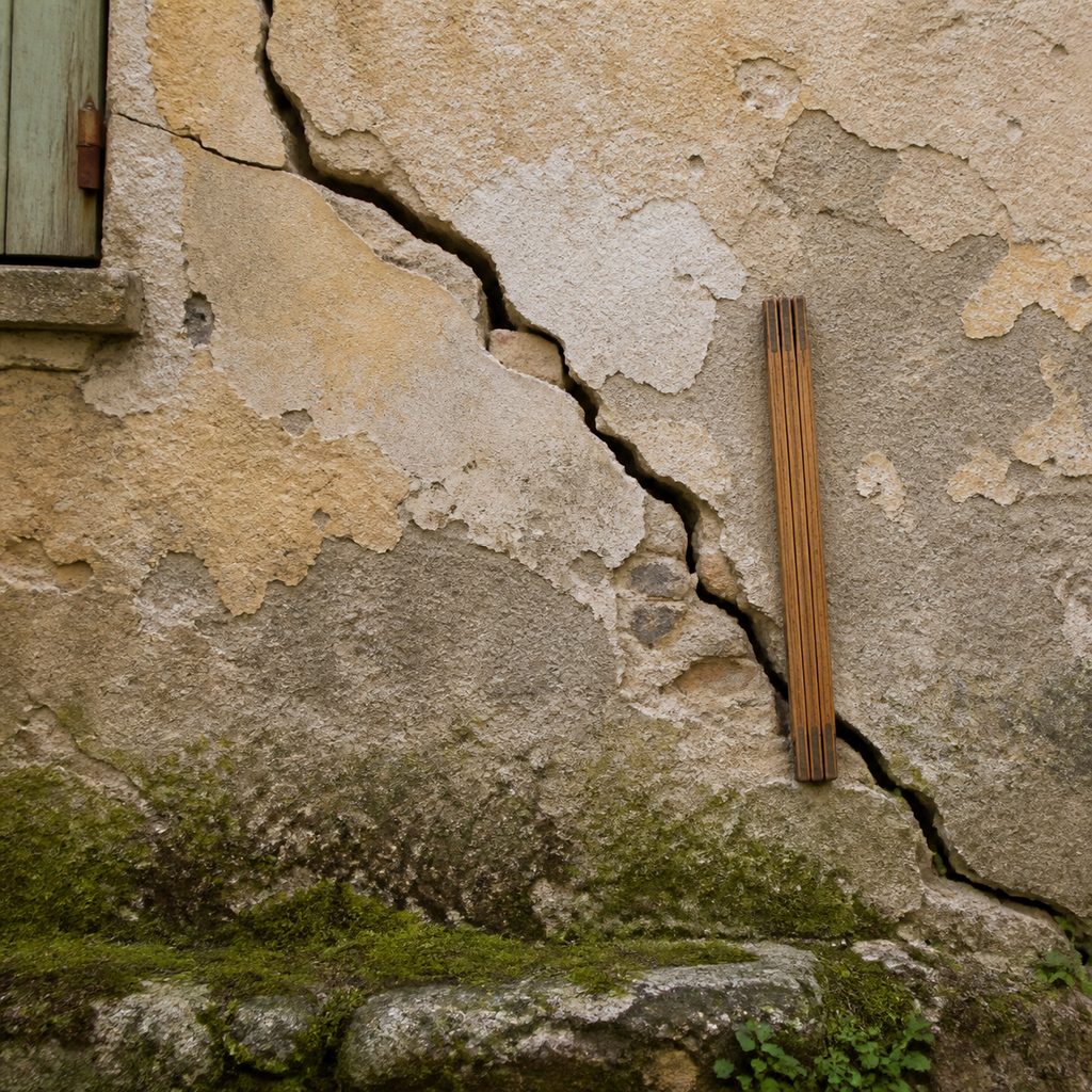 Fissure structurelle sur le mur d'une maison ancienne, mesurée avec un mètre pliant