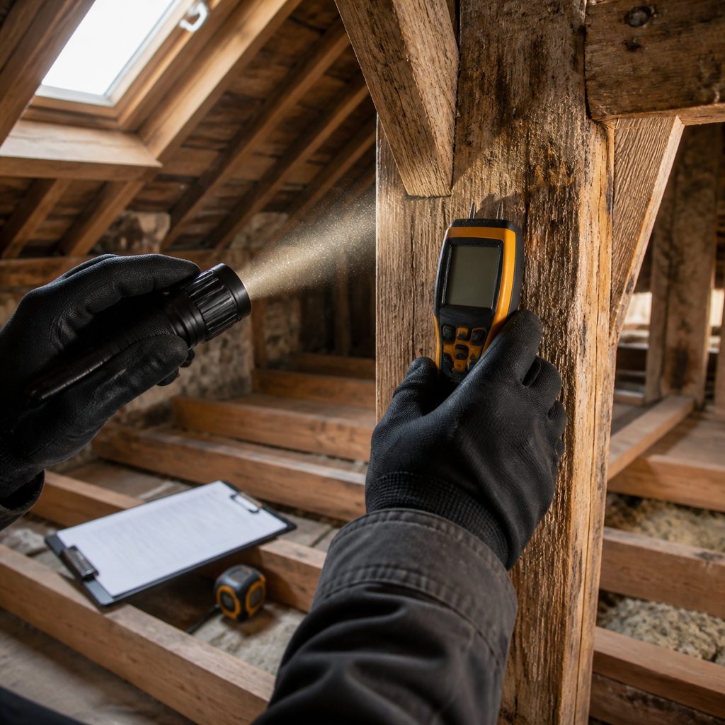 Expert bâtiment inspectant une charpente à la lampe et au testeur d'humidité
