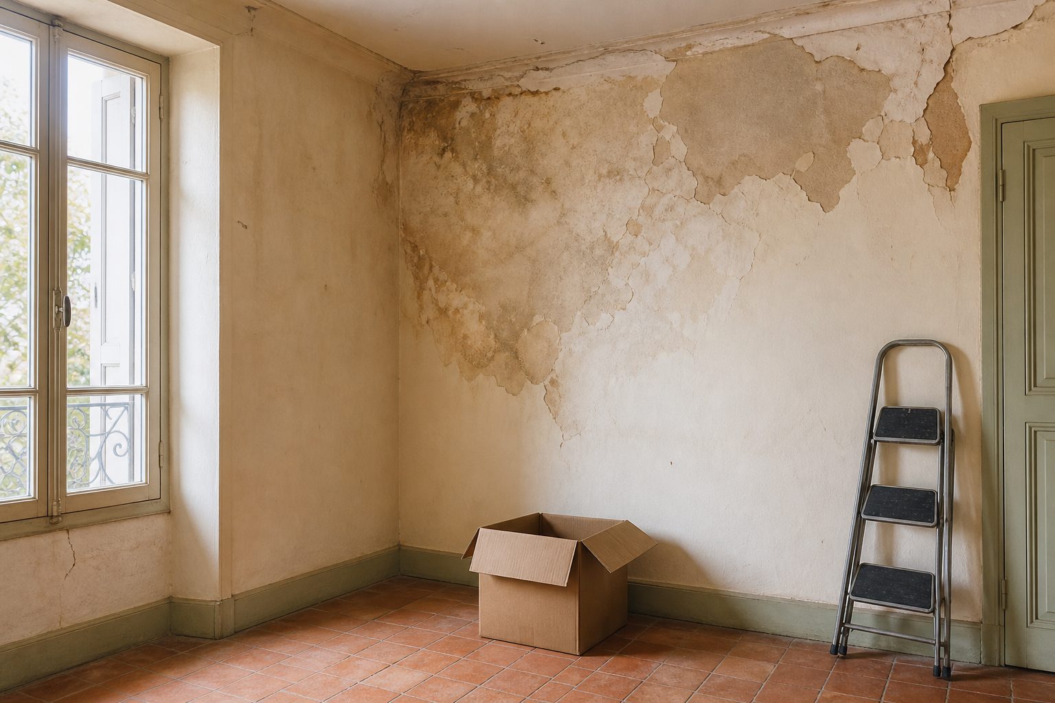 Trace d'infiltration et peinture cloquée sur le mur d'une maison ancienne récemment achetée