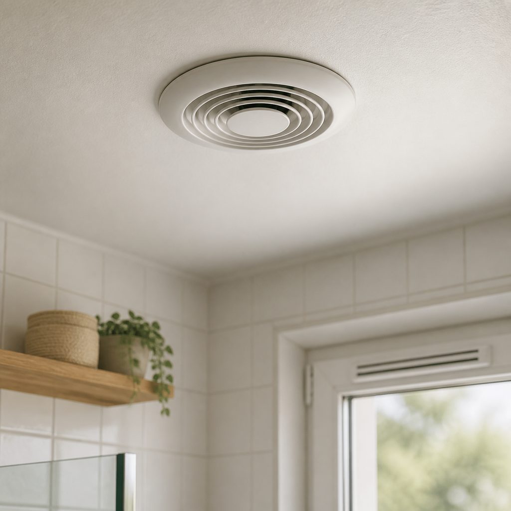 Bouche d'extraction de VMC simple flux au plafond d'une salle de bains