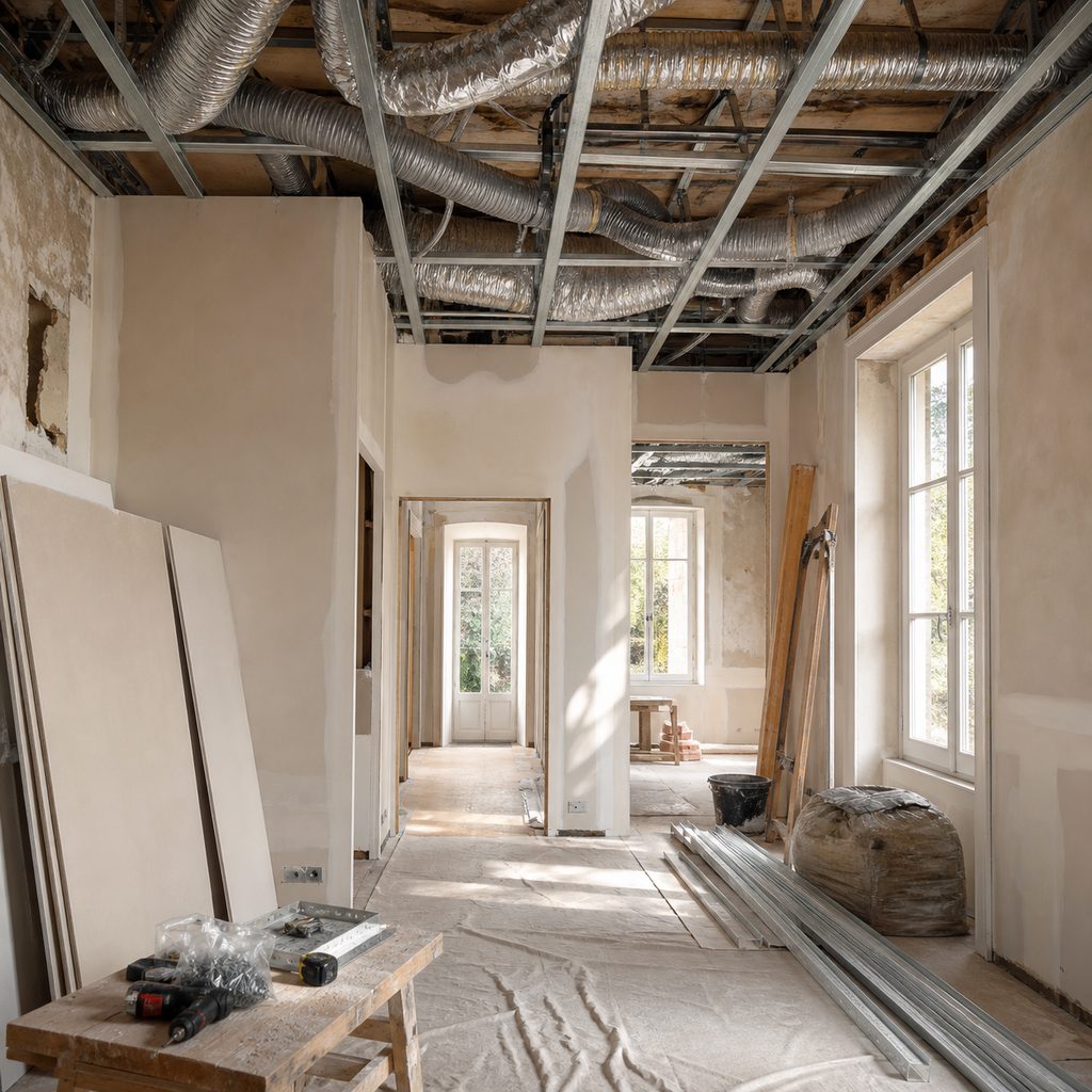 Gaines isolées d'une VMC double flux en cours de pose dans un faux plafond