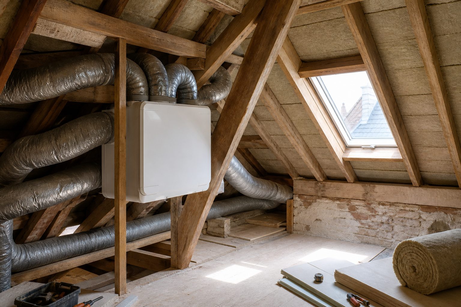 Caisson de VMC double flux installé dans des combles isolés d'une maison française